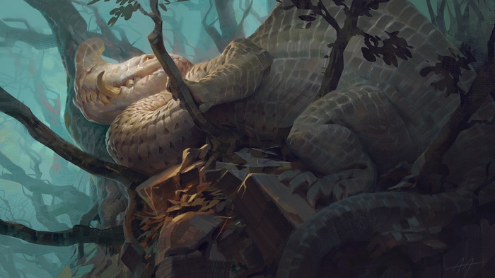 Dragon resting on tree branches in a misty forest