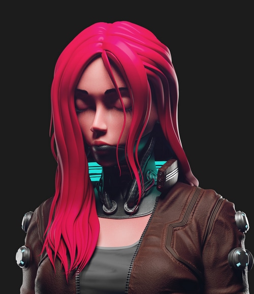 Cyborg woman with pink hair and leather jacket