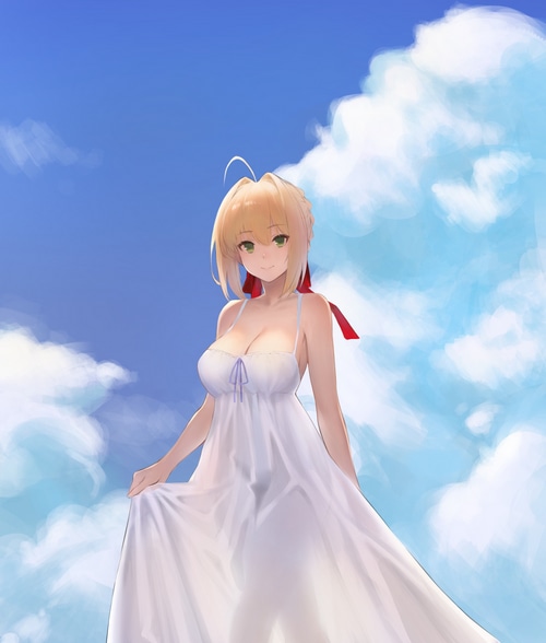 Nero Claudius in a white dress under the clouds