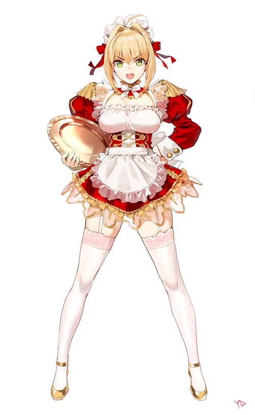 Nero Claudius in a Maid Outfit Holding a Tray