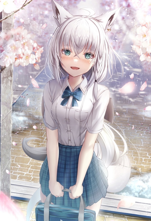 Shirakami Fubuki in a school uniform with cherry blossoms