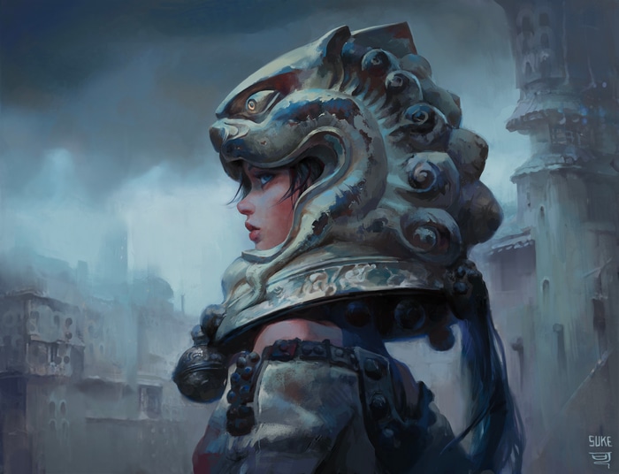 Digital painting of a woman in a lion helmet