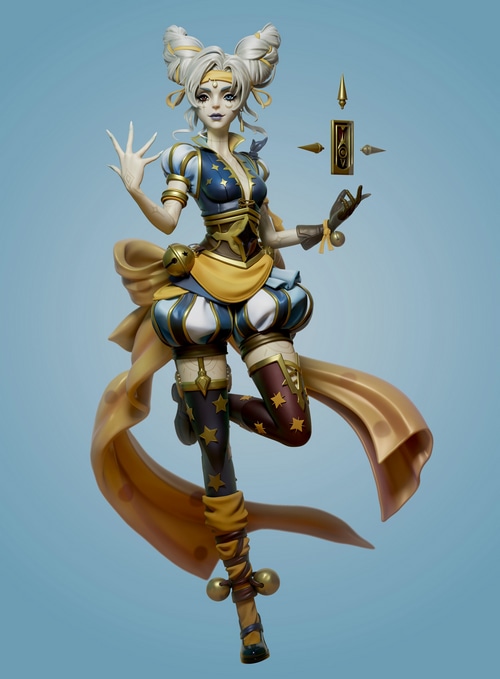 Digital art of a fantasy character with blue background