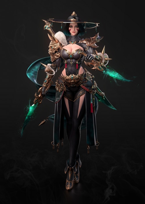 CGI anime woman with swords and hat