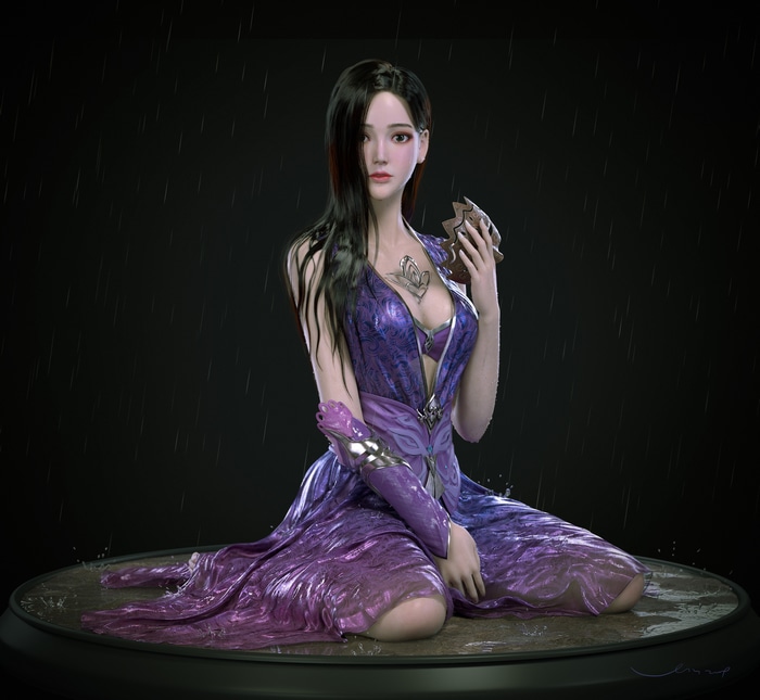 A woman in a purple dress holding a brown object