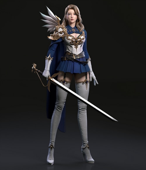 Woman in blue miniskirt and white boots holding a sword