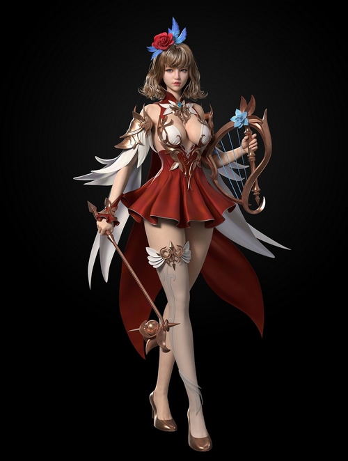 CGI character with red dress and harp