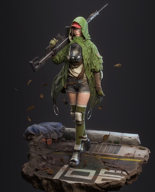 Post-apocalyptic woman with rifle and gas mask