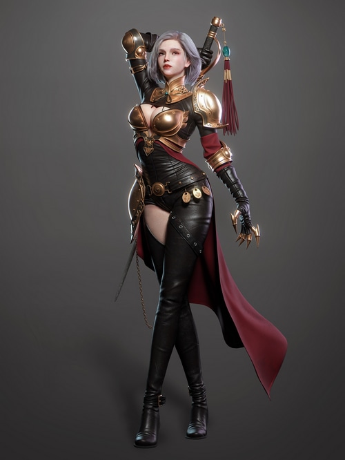 Artwork of a female warrior with a sword
