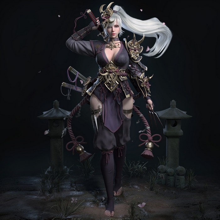 Female ninja with white hair and mask holding a sword