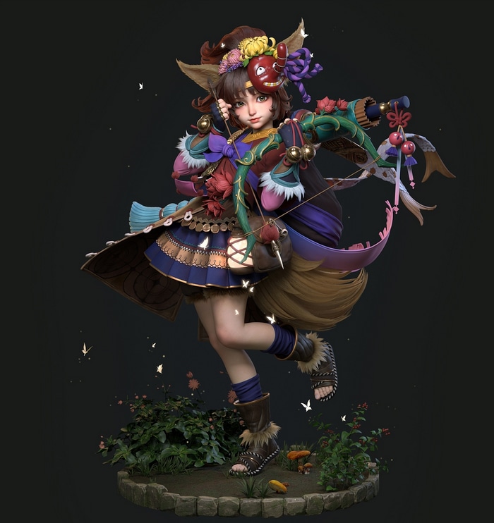 Anime girl with bow and arrow and mask