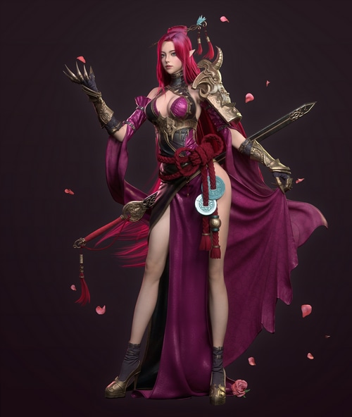 Fantasy warrior woman with red hair and sword