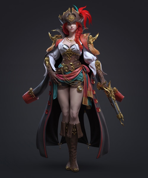 Anime pirate woman with red hair and pistol