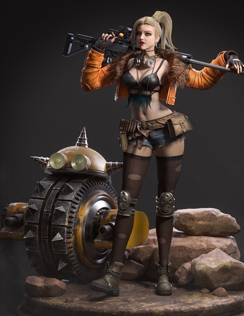 Artwork of a woman with a rifle and a futuristic vehicle