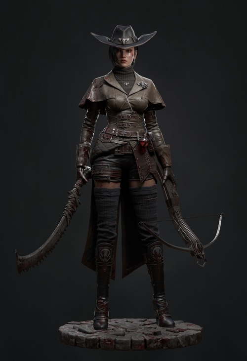 Woman in cowboy hat with sword and crossbow