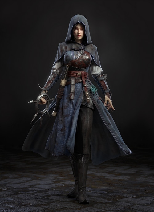 Woman in hooded assassin outfit holding a weapon