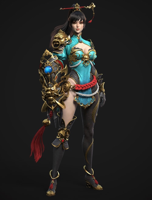 CGI character with ornate armor and shield
