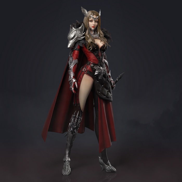 Female warrior with wolf armor and red cape