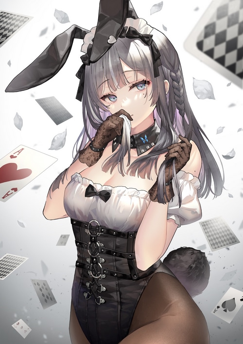 Mai Okuma in a bunny suit with playing cards