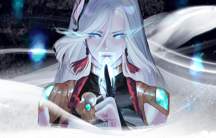 Shenhe from Genshin Impact holding a glowing card