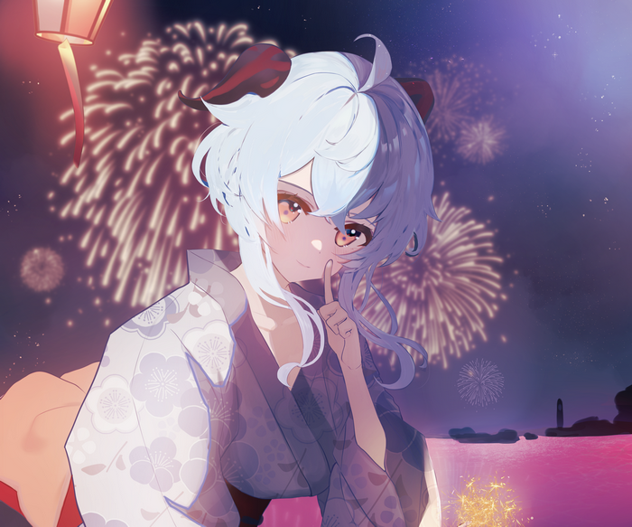 4K Ganyu in Yukata with Fireworks