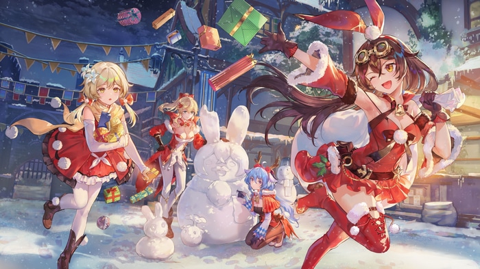 Genshin Impact characters in Christmas outfits with presents