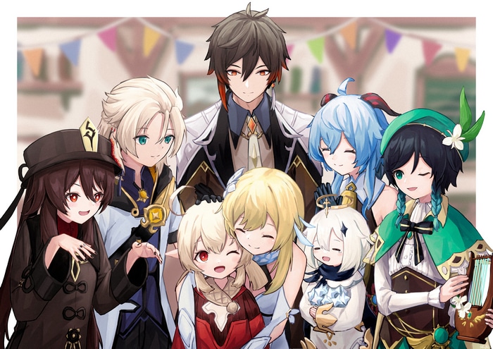 Genshin Impact characters: Zhongli, Hu Tao, Albedo, Lumine, Klee, Ganyu, Paimon, Venti