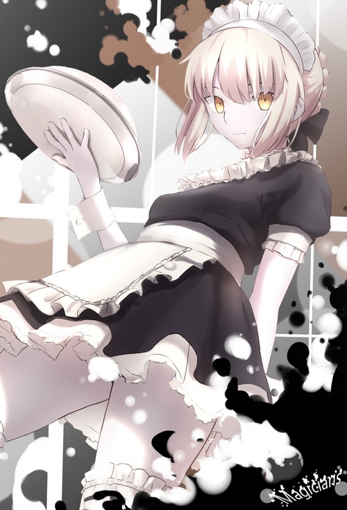 Saber Alter in a Maid Outfit Holding a Plate