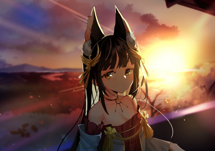 Anime girl with fox ears at sunset