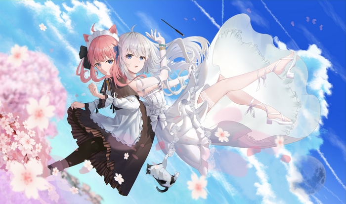 Anime girls with cat and cherry blossoms