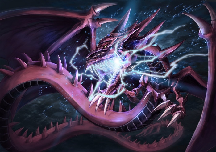 Slifer the Sky Dragon from Yu-Gi-Oh! unleashing lightning