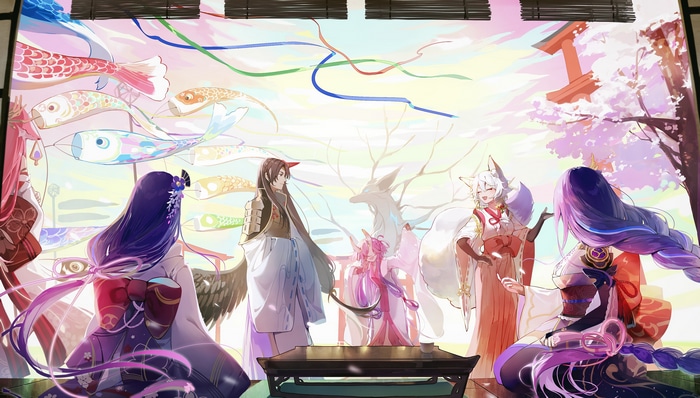 Anime characters with koi fish banners and cherry blossoms