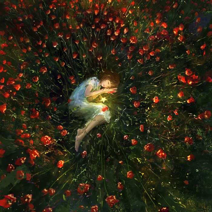 Girl sleeping in a field of red flowers with a glowing star