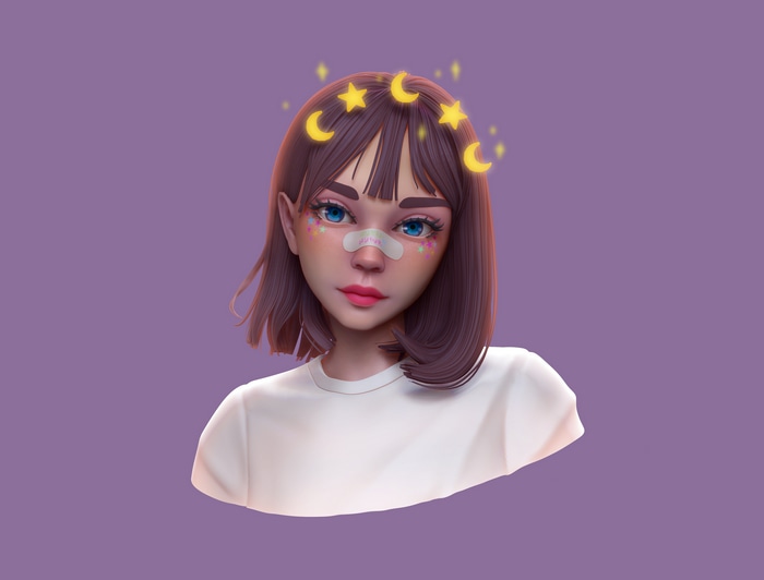 4K 3D render of a girl with stars and moons