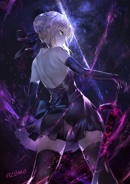 Saber Alter in a black dress holding a sword