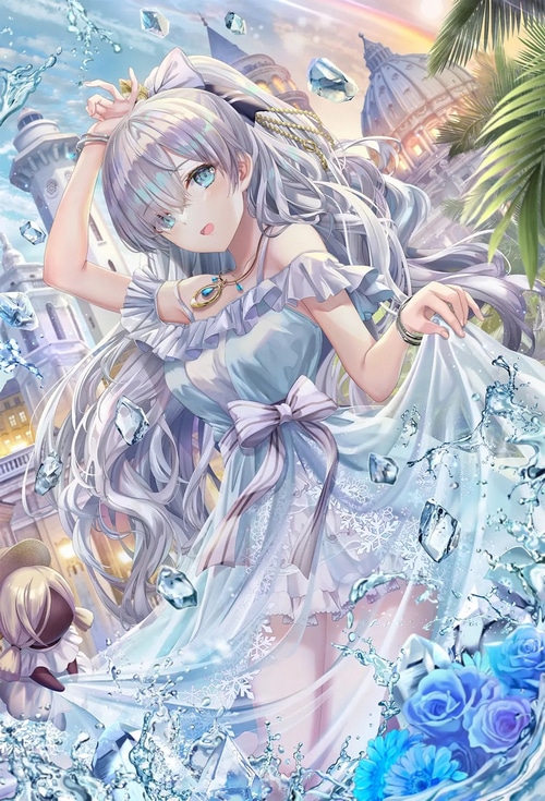 Anastasia in a blue dress with silver hair and blue eyes