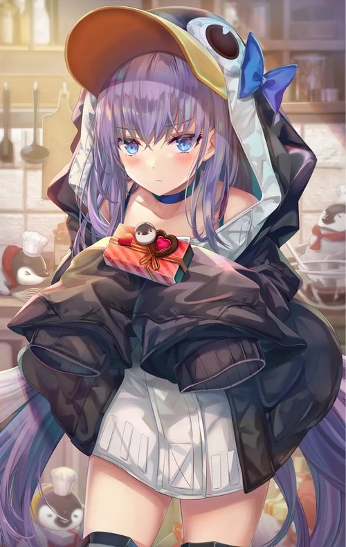 Meltlilith in a penguin hoodie holding chocolates