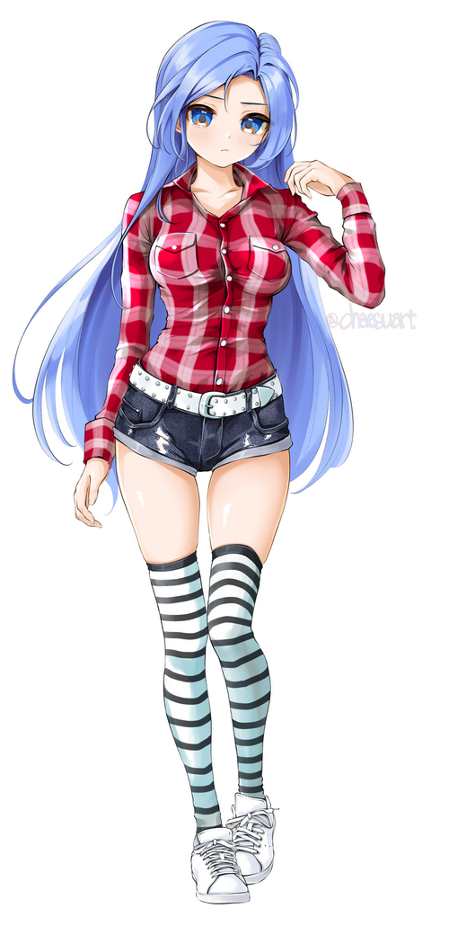 Anime girl with blue hair wearing plaid shirt and shorts