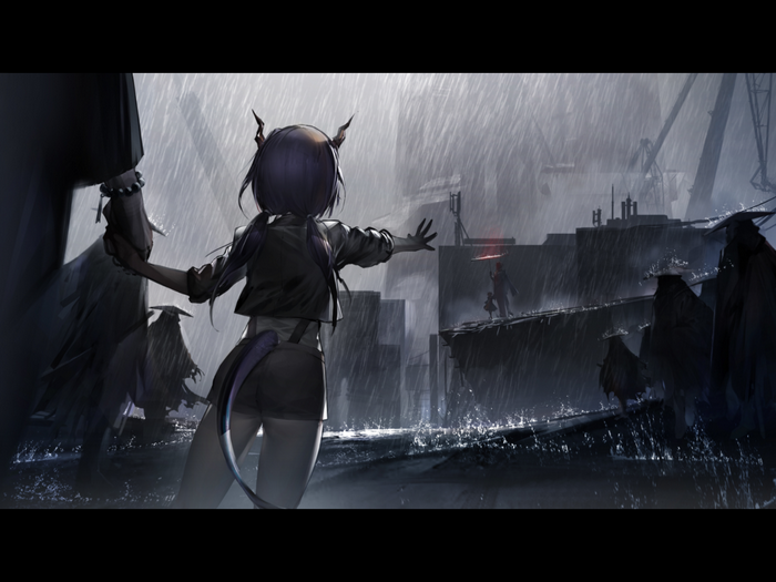 Arknights characters in a rainy harbor