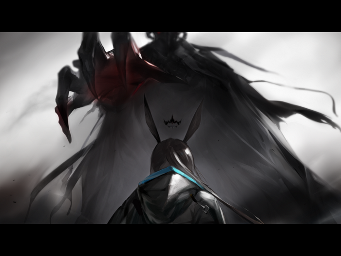 Arknights Amiya faces a shadowy figure