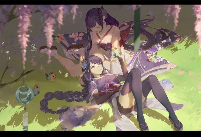 Raiden Shogun and Raiden Makoto in a garden