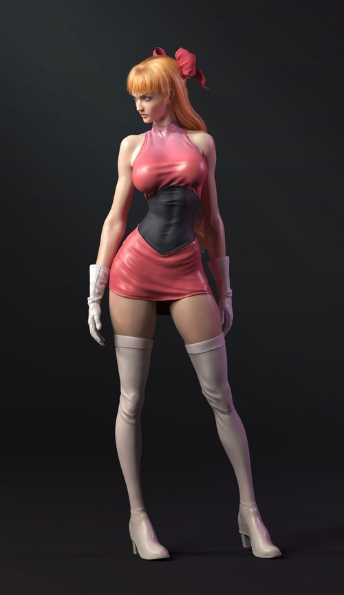 Blossom from Powerpuff Girls in a pink minidress
