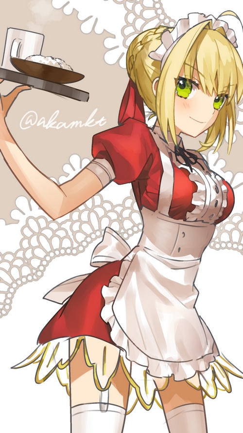 Nero Claudius in a Maid Outfit Holding a Tray