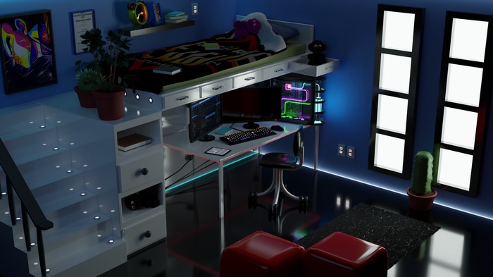 4K computer room with loft bed and gaming setup