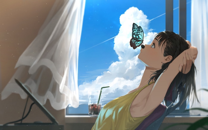 Girl with butterfly at window