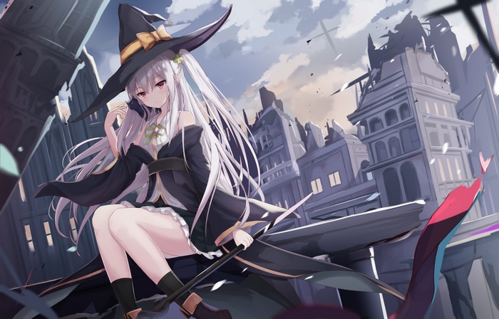 Witch with silver hair and red eyes in ruins