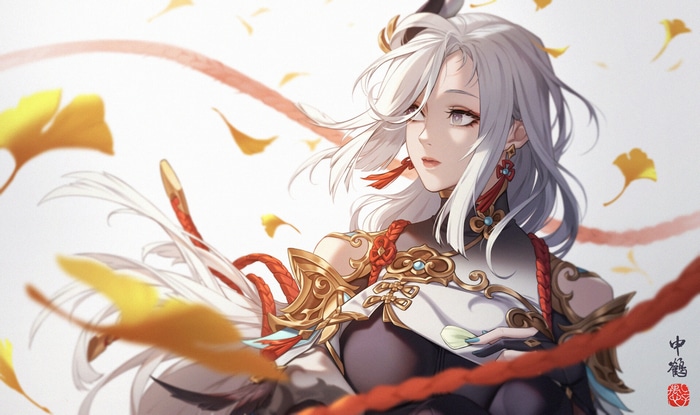 Genshin Impact Shenhe with Silver Hair and Falling Leaves