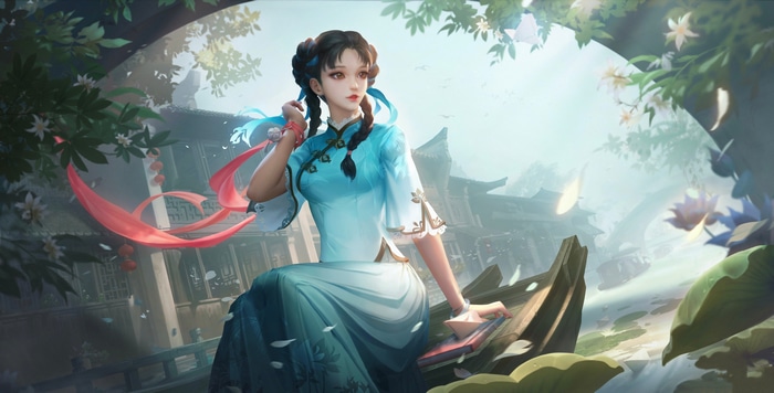 4K Xi Shi in a blue dress by a pond