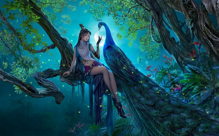 Girl and Peacock in a Magical Forest