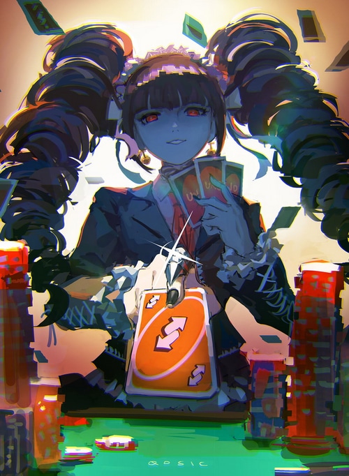 Celestia Ludenberg Playing Uno with Poker Chips